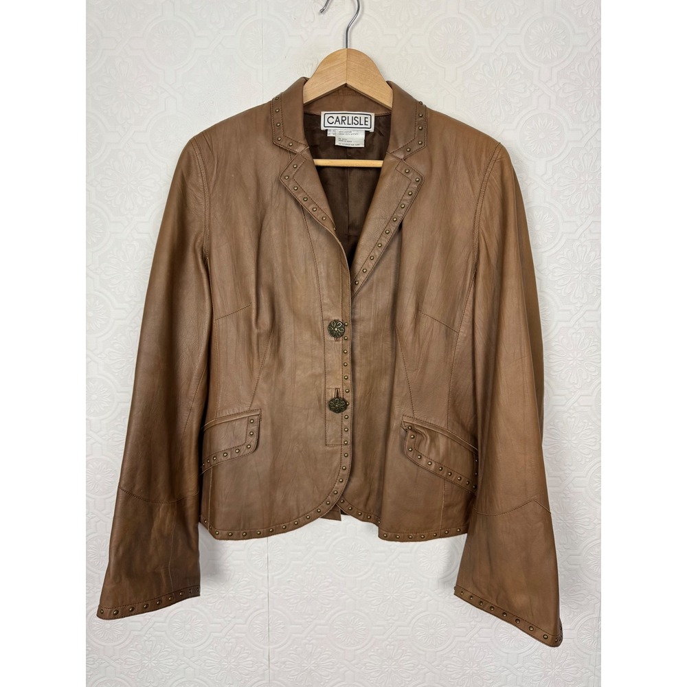 Carlisle Brown‎ Leather Studded Western Blazer Jacket Southwestern Womens 12